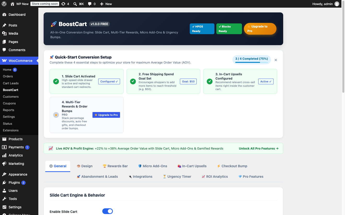 BoostCart Admin Dashboard: Quick-Start Conversion Setup & AOV Profit Engine