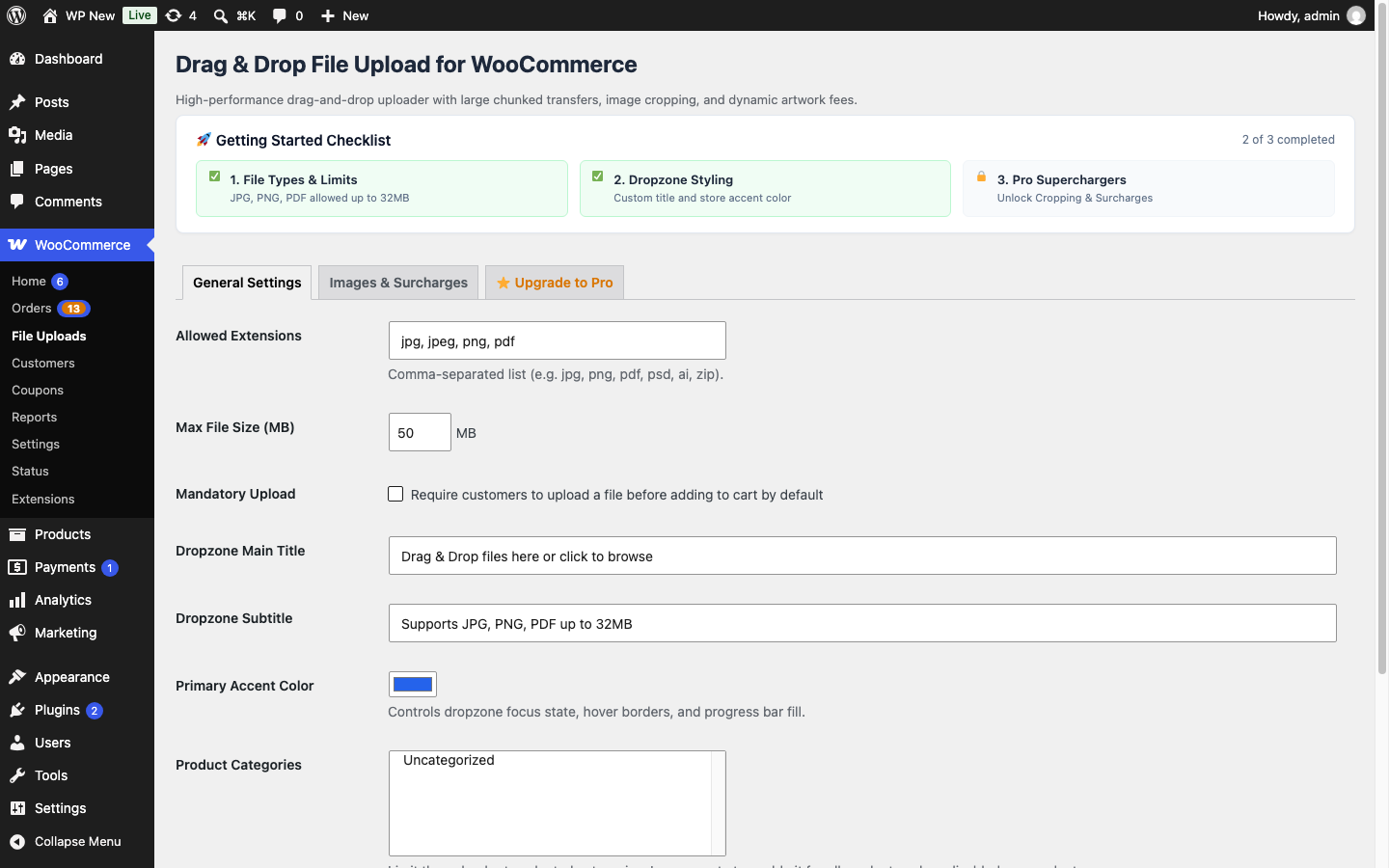 Drag & Drop Admin: Dropzone Customization, File Types & Upload Size Limits