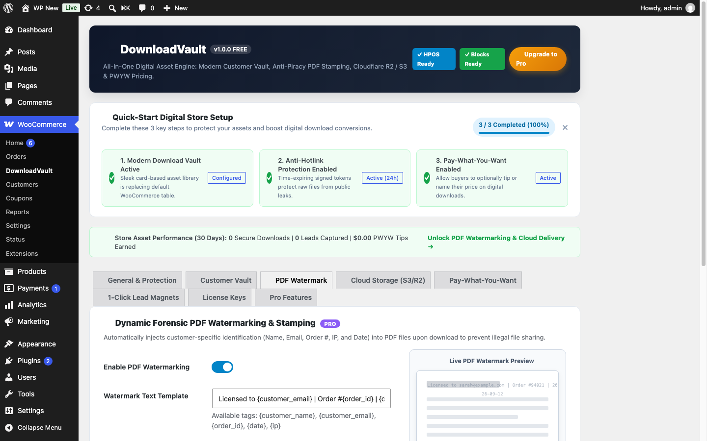 DownloadVault Backend: Forensic PDF Watermarking & Dynamic Canvas Stamping Preview
